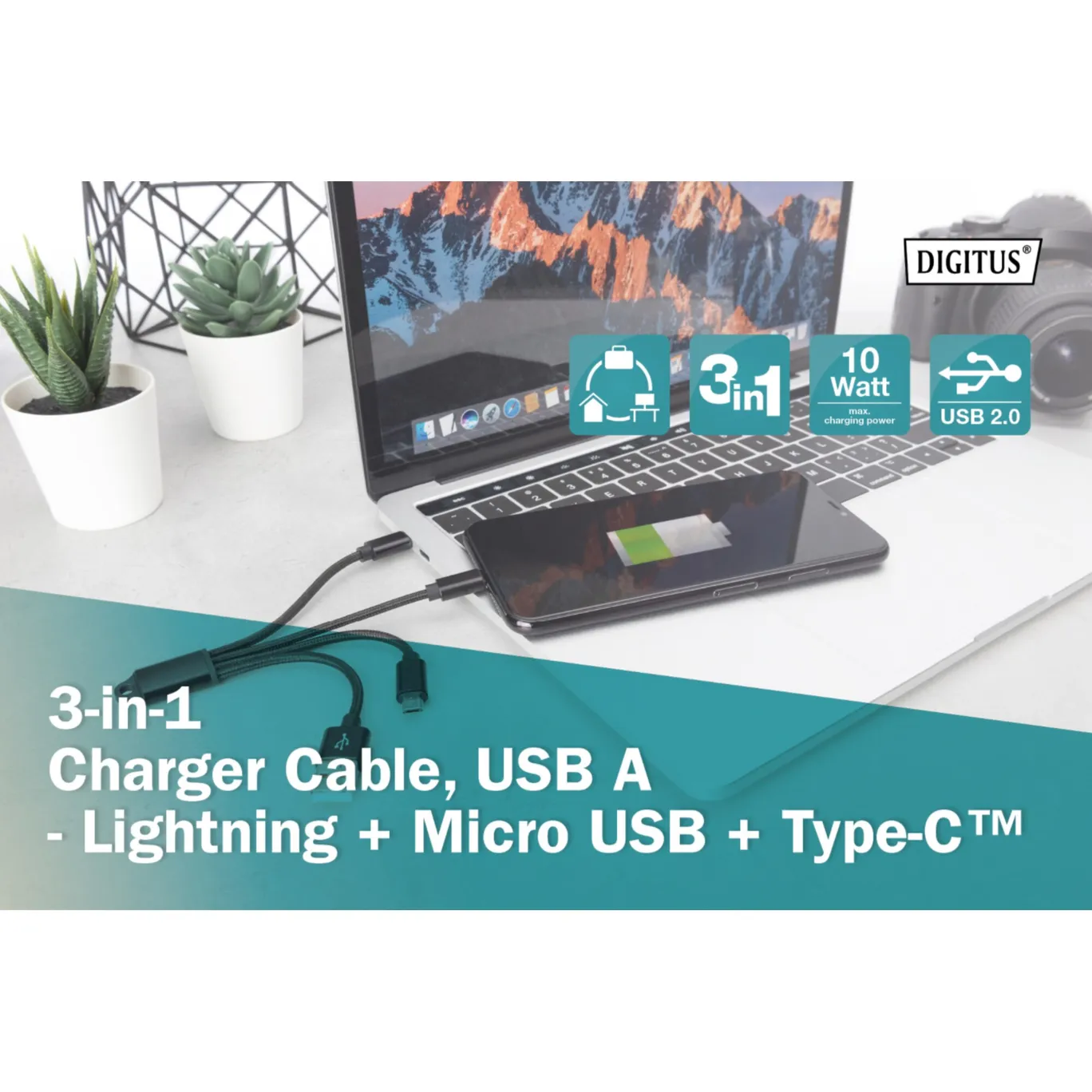DIGITUS 3-in-1 Ladekabel Kurz (0,15m) – Lädt USB-C, Micro-USB & Lightning