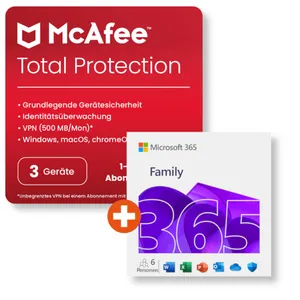 Microsoft 365 Family (Office-Apps inkl. Copilot-KI und 6TB Cloudspeicher) + McAfee Total Protection | Download & Produktschlüssel