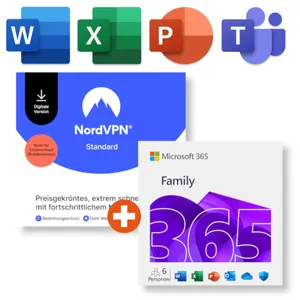 Microsoft 365 Family (Office-Apps inkl. Copilot-KI und 6TB Cloudspeicher) + NordVPN | Download & Produktschlüssel