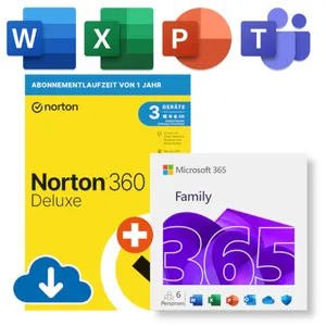 Microsoft 365 Family (Office-Apps inkl. Copilot-KI und 6TB Cloudspeicher) + Norton 360 Deluxe | Download & Produktschlüssel