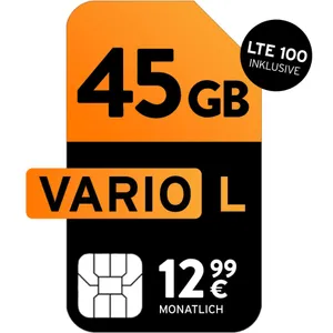 Vario L Tarif | Allnet-Flat mit 45GB Datenvolumen | mtl. nur 12,99€ | 50€ Bonus bei Rufnummermitnahme