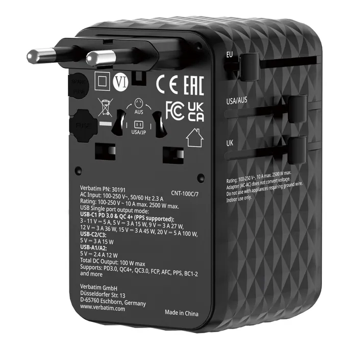 Verbatim 30191 Charge 'n' Travel GaN III Universal Reiseadapter 100W