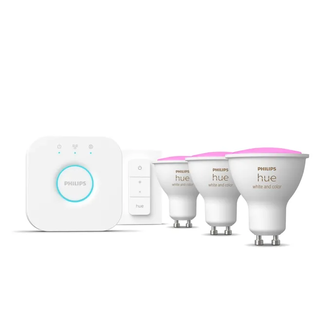 Philips Hue White and Color Ambiance Starter-Set (3x  GU10 Smart Spots, Hue Bridge + Dimmschalter)