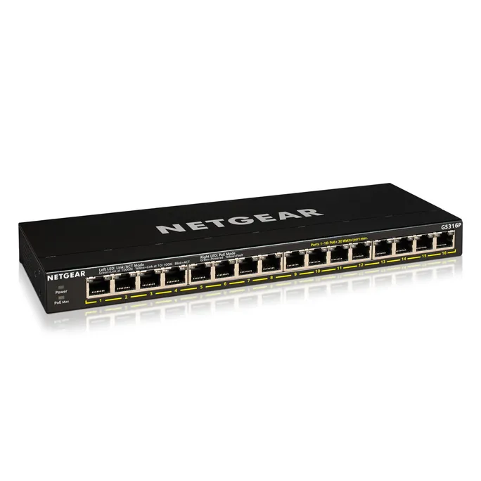 NETGEAR 16-Port Gigabit Ethernet Unmanaged Essentials PoE+ Switch (GS316P): Mit 16 x PoE+ bei 115 W, Desktop- oder Wandbefestigung