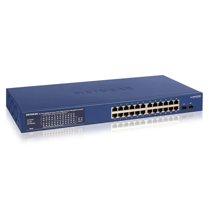 NETGEAR (GS724TPPV3) Smart Web Switch Manageable Gigabit PoE 26 Ports – Managed in der Cloud, 24 380 W PoE+ Ports, 2 1 Gigabit SFP Ports, Desktop oder Rack und begrenzter lebenslanger Schutz