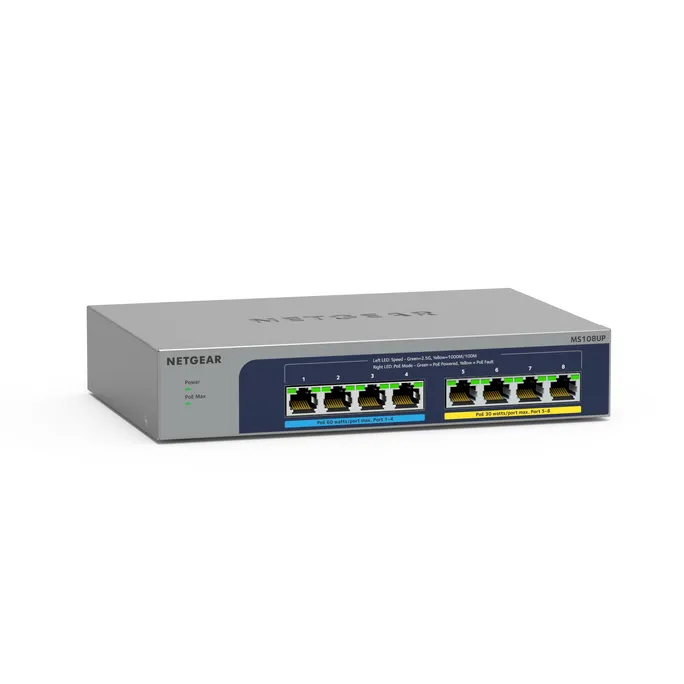 NETGEAR 8-Port Ultra60 PoE Multi-Gigabit Ethernet Unmanaged Network Switch (MS108UP): mit 4 PoE++ und 4 PoE+bei 230 W, Desktop- oder Wandbefestigung und Service über die gesamte Nutzungsdauer