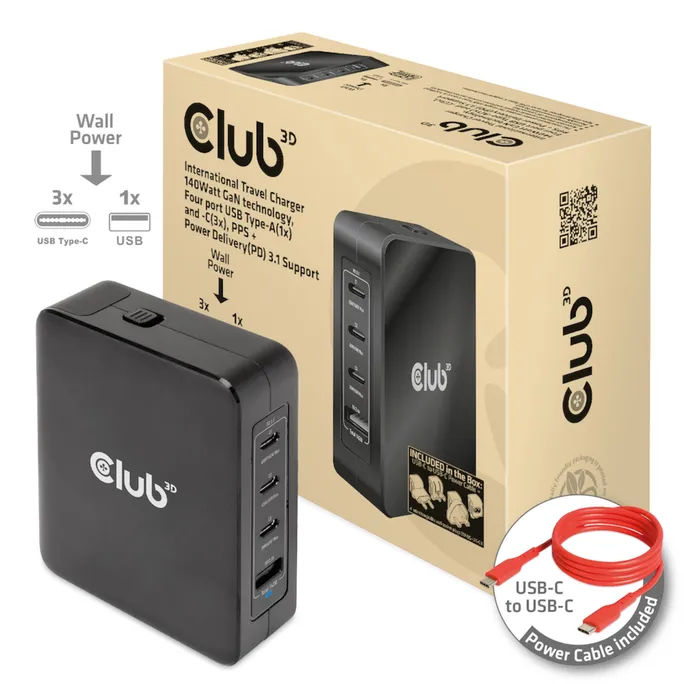 Club 3D Reise Ladegerät 140W GAN, PPS, Power Delivery (PD) 3.1