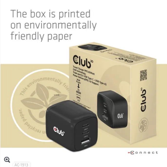 Club 3D Reise Ladegerät PPS 65W GAN, USB Typ-C/Typ-A Power Delivery (PD) 3.0