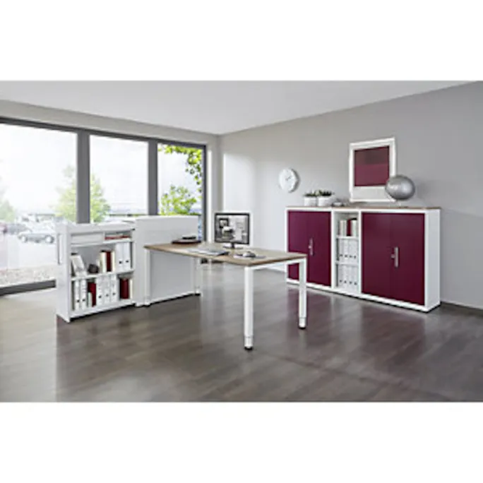 Hochauszugschrank, Thekenelement rechts stehend, H 1025 mm, reinweiß / rubinrot