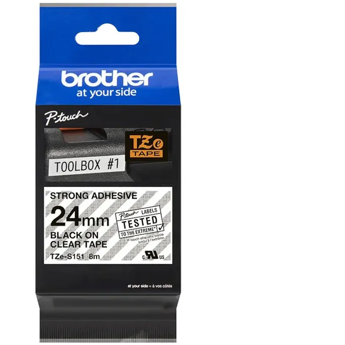 Brother TZe-S151 Schriftband, 24mm x 8m, schwarz auf transparent, stark klebend
