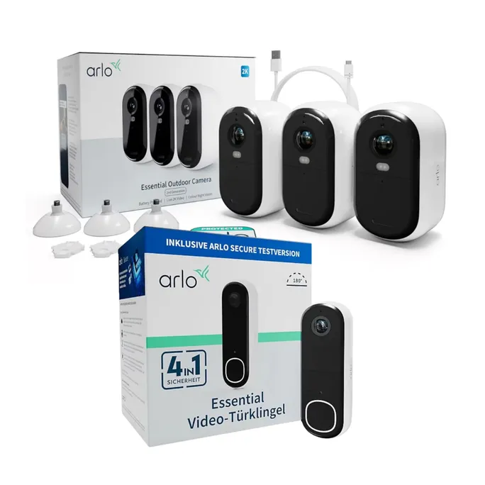 Arlo Essential 2 2K Outdoor Kamera außen - 3er Set weiß + Doorbell