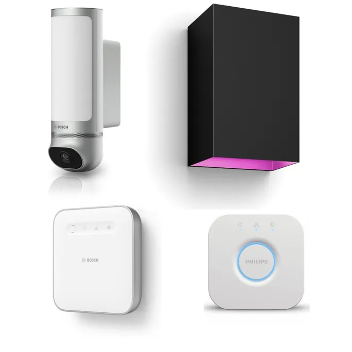 Bosch Smart Home Eyes Außenkamera II mit Controller II & Philips Hue Resonate Wandleuchte mit Bridge V2
