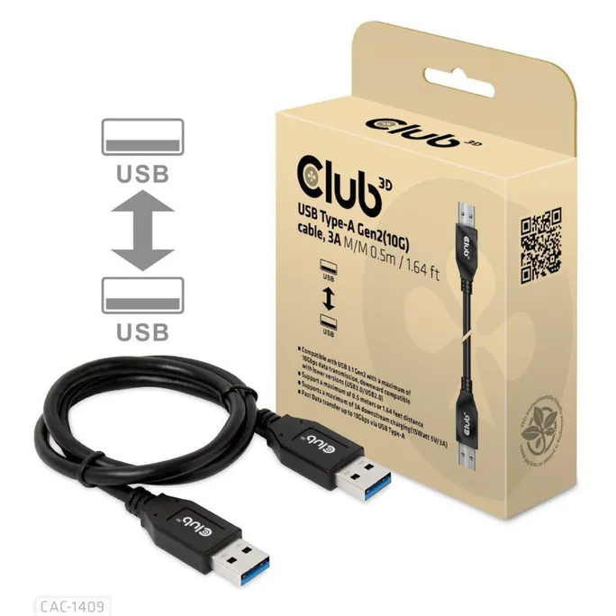 Club 3D USB Typ-A Gen2 (10G) Kabel 3A St/St 0.5m schwarz