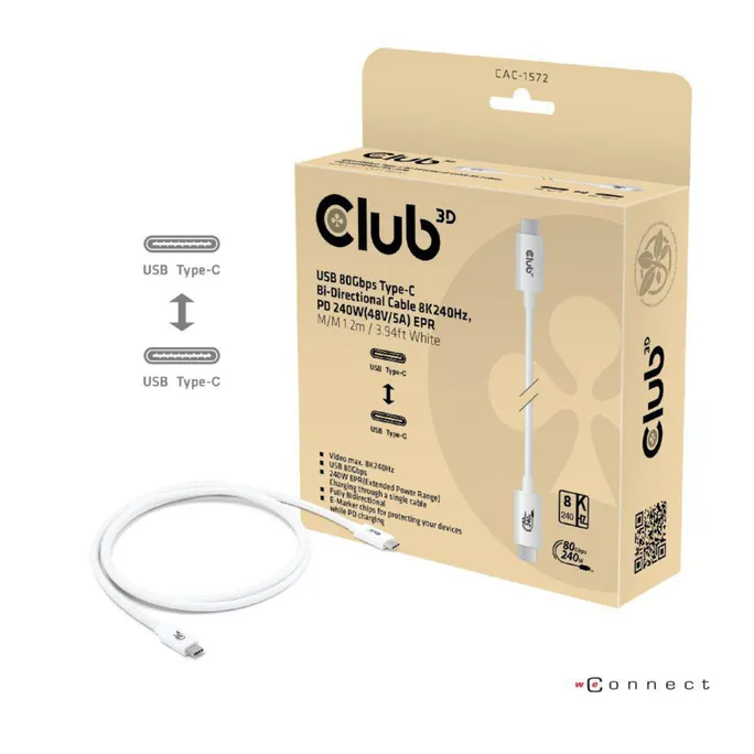 Club 3D Typ-C zu Typ-C Kabel 80Gbps Zertifiziertes 240W 8K240Hz 1.2m weiß