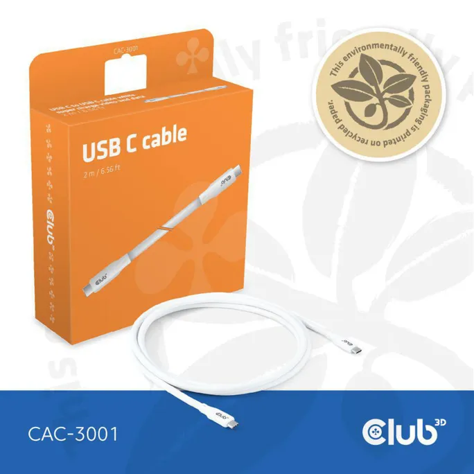 Club 3D USB Typ-C zu Typ-C Kabel 20 Gbps 240W 4K60Hz 2m weiß