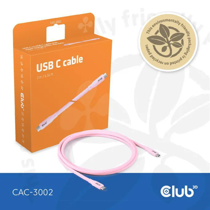 Club 3D USB Typ-C zu Typ-C Kabel 20 Gbps 240W 4K60Hz 2m pink