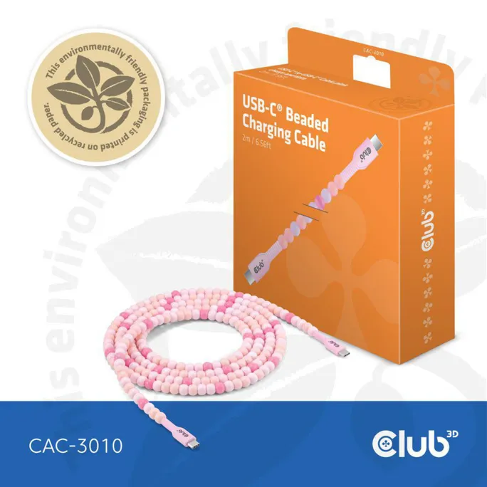 Club 3D USB Typ-C zu Typ-C Perlen Kabel 60W 2m pink