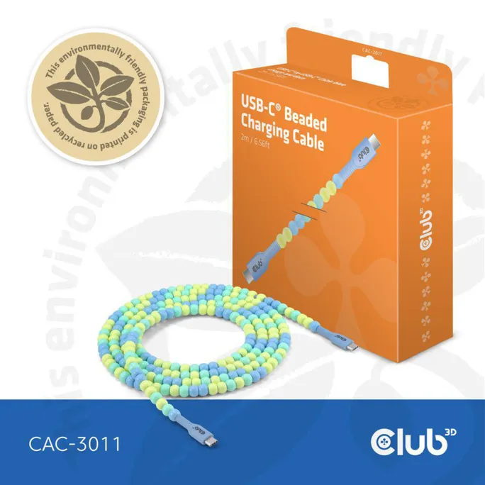 Club 3D USB Typ-C zu Typ-C Perlen Kabel 60W 2m blau