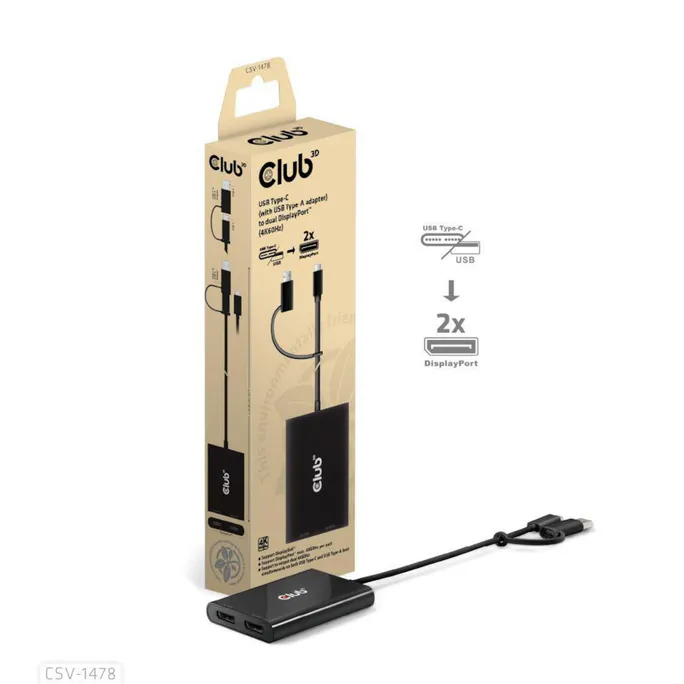 Club 3D USB Typ-C (mit USB Typ-A Adapter) auf dualen DisplayPort (4K60Hz) Video Splitter schwarz