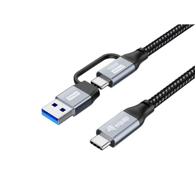 EQUIP 128432 2-in-1 USB 3.2 Gen 2x2 C auf C/A Kabel, 2,0m, PD100W, 4K/60Hz, 20Gbps, Schwarz