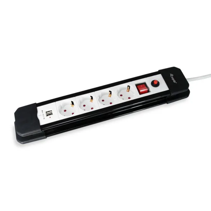 EQUIP 245553 4fach Verteiler mit Schalter und 2fach USB-Lader, Mehrfachsteckdose Schuko