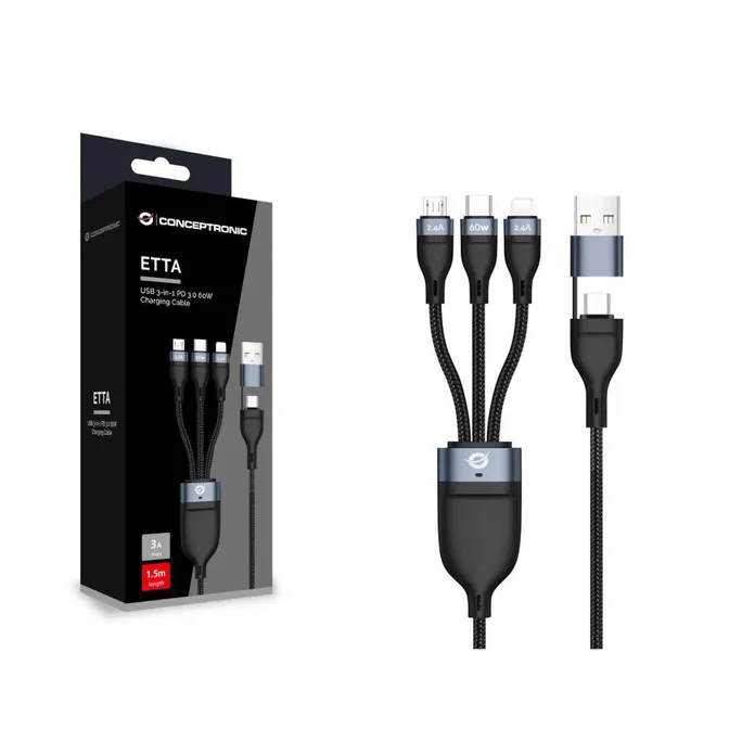 Conceptronic ETTA05B15 USB 3-in-1 PD3.0 60W Ladekabel 1.5m