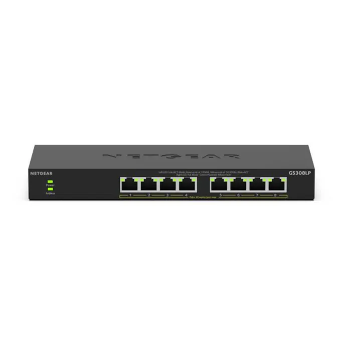 NETGEAR 8-Port PoE Gigabit Ethernet Unmanaged Essentials Switch (GS308LP): mit 8 x PoE+ bei 60 W, erweiterbar, Desktop-, Wand- oder Rack-Befestigung