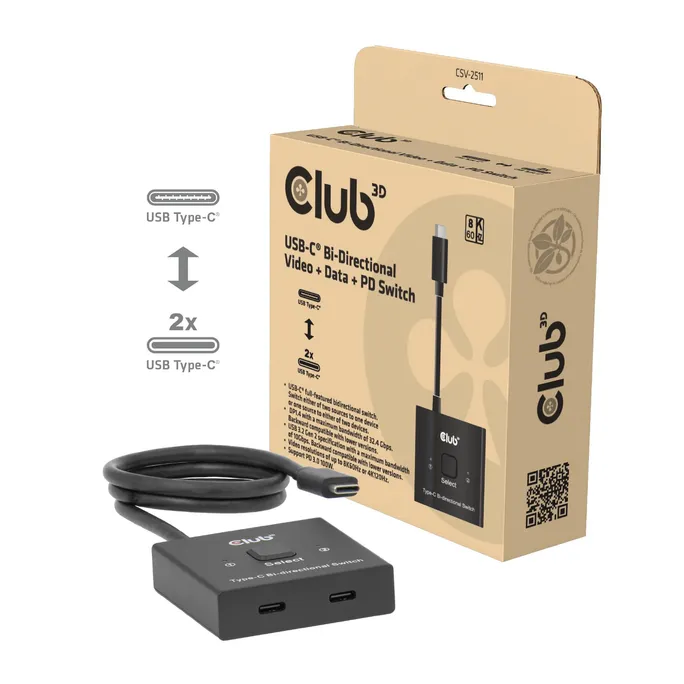Club 3D USB-C Bidirektionaler Video + Daten + PD Switch für 8K60Hz oder 4K120Hz