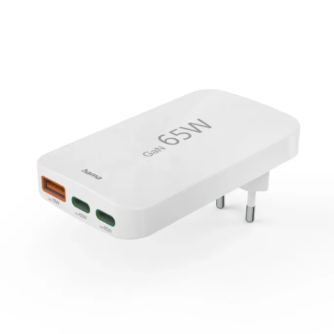 Hama Schnellladegerät, 2x USB-C, 1x USB-A, flaches Mini-Ladegerät, PD, 65 W, weiß