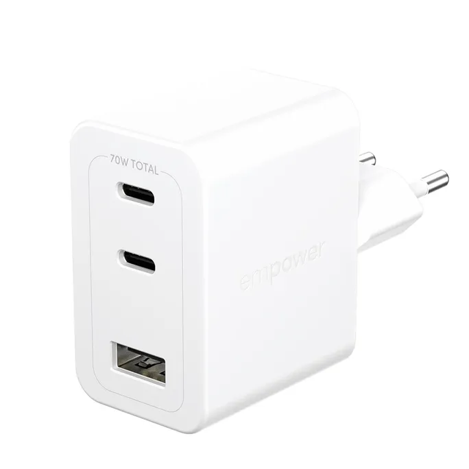 empower by PanzerGlass® Turbo 70W Multiple Ladegarät inkl. 2x USB-C + USB-A EU Anschluss Silber Weiß