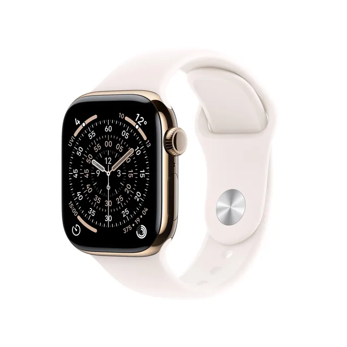 Apple Watch Series 11 GPS + Cellular 42mm Gold Titanium Gehäuse mit Sport Band (light blush) - S/M