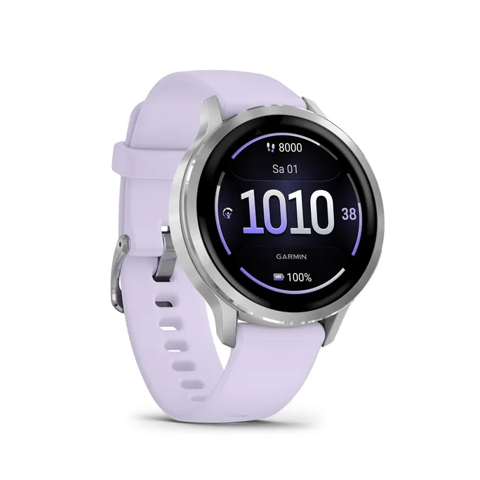 Garmin Venu® 4 - 41 mm Grau/Silber mit Schnellwechsel-Silikon-Armband 18 mm Lavendelblau