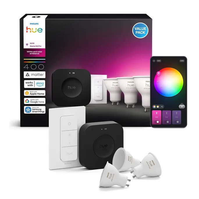 Philips Hue Starter Kit: Hue Bridge Pro + 3 GU10 smarte  LED Spots + Dimmer Switch