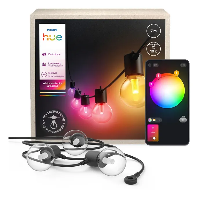 Philips Hue Festavia Globe Außenlichterkette, White and Color Ambiance, 7 m Länge, 10 Lampenkugeln, dimmbar, Steuerung per Hue App