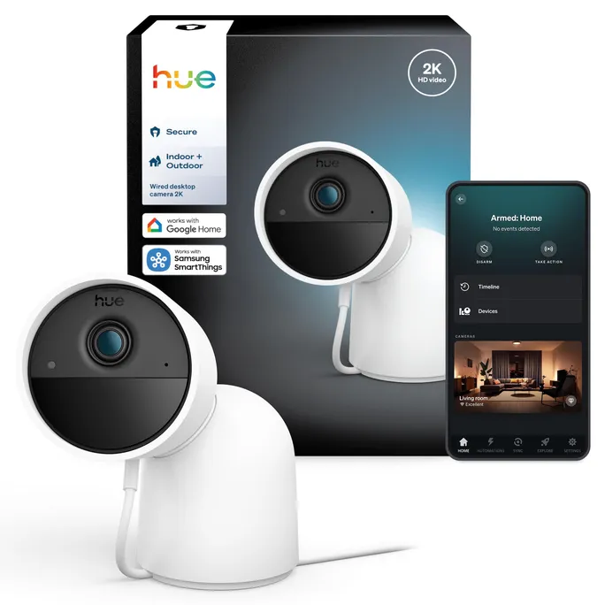 Philips Hue Secure kabelgebundene Kamera mit Standfuß 2K-Videoauflösung weiß