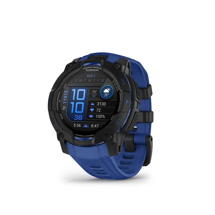 Garmin Instinct® 3 – 45 mm, AMOLED Schwarz mit Silikon-Wechselarmband 22 mm Bolt Blue
