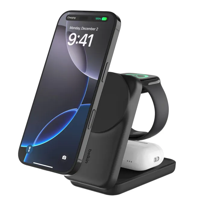 Belkin UltraCharge faltbare magnetische 3-in-1-Ladestation mit Qi2 25W schwarz, eckig