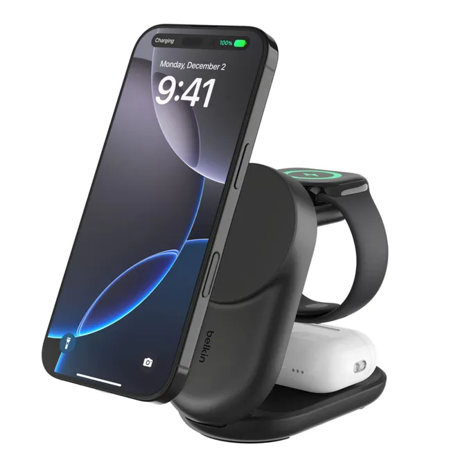 Belkin UltraCharge faltbare magnetische 3-in-1-Ladestation mit Qi2 25W schwarz, rund