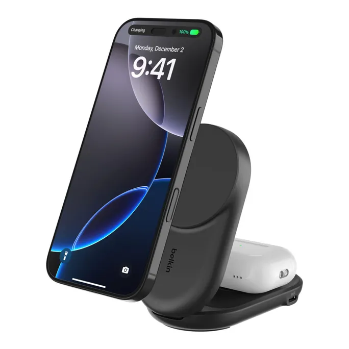 Belkin UltraCharge faltbare magnetische 2-in-1-Ladestation mit Qi2 25W schwarz, rund