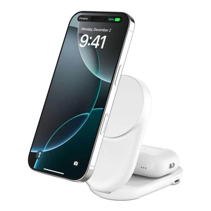 Belkin UltraCharge faltbare magnetische 2-in-1-Ladestation mit Qi2 25W weiß, rund