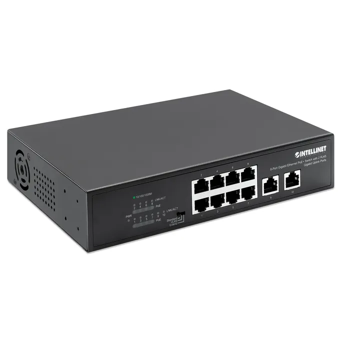 Intellinet 8-Port Gigabit Ethernet PoE+ Switch mit 2 RJ45 Gigabit Uplink-Ports