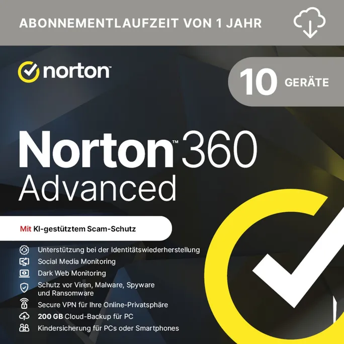Norton 360 Advanced 200GB | 10 Geräte | Download & Produktschlüssel
