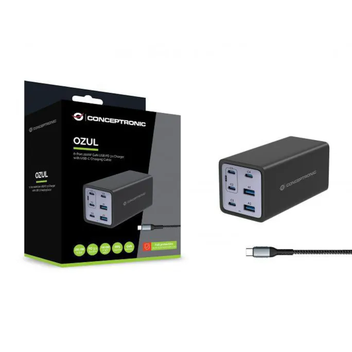 Conceptronic OZUL06BE 6-Port 200W GaN USB PD Charger mit USB-C Netzteil