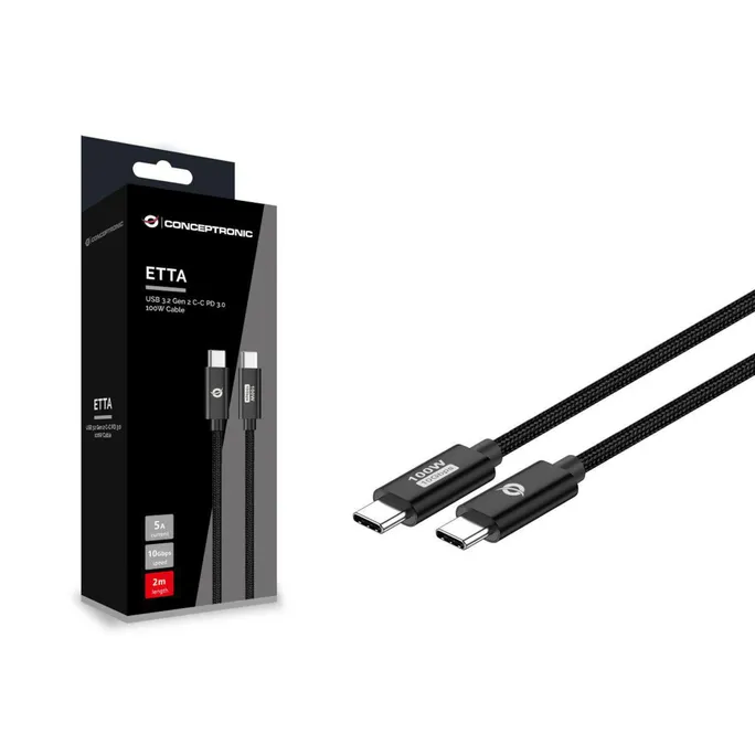 Conceptronic ETTA02B20 USB 3.2 Gen 2 C-C PD 3.0 100W Kabel, 2m, 20V 5A, 10Gbps, E-Mark