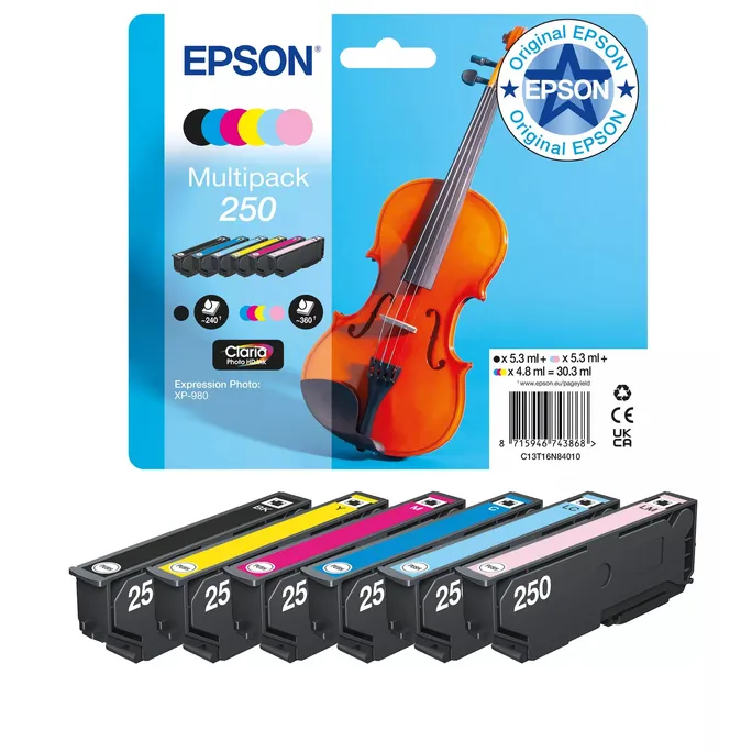 EPSON C13T16N84010 Multipack 6 Farben 250 Violin Claria Photo HD Tinte (BK, C, M, Y, HM, HC)