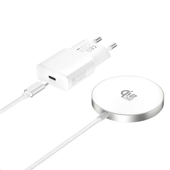 4smarts Kabelloses Ladegerät Qi2/ MagSafe-kompat 25W,1,5m weiß inkl. 30W Netzteil