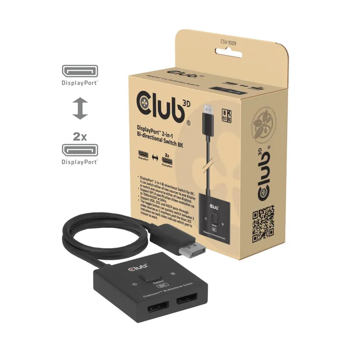 Club 3D CSV-1009 DisplayPort™ 2-in-1 Bi-directional Switch 8K schwarz