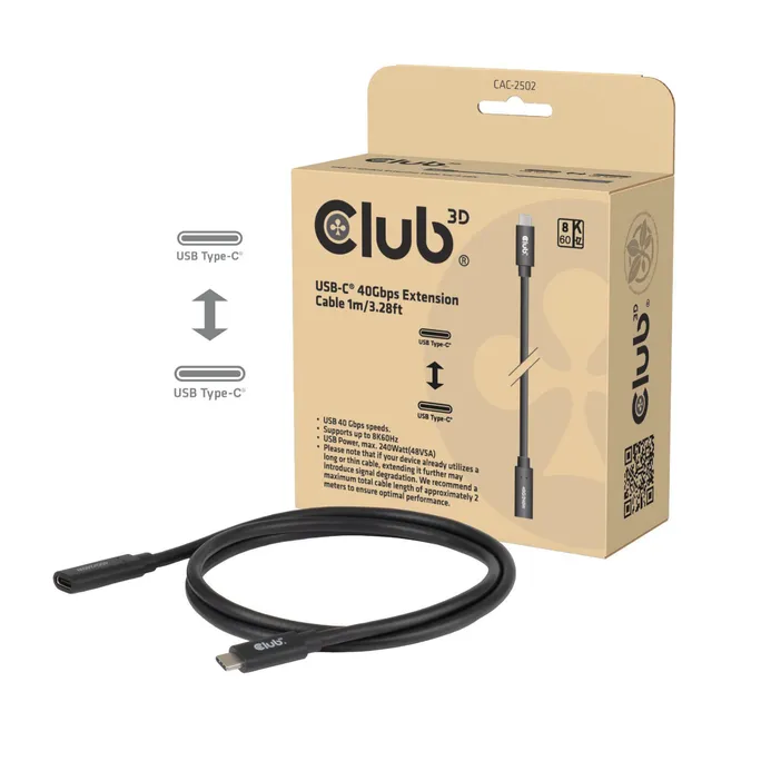 Club 3D CAC-2502 USB-C® 40Gbps Extension Cable 1m/3.28ft 240W 8K60Hz M/F