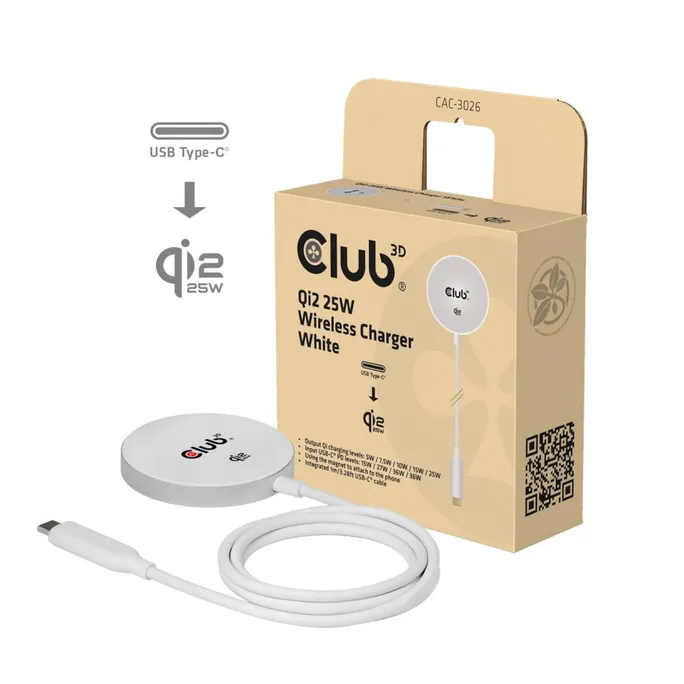 Club 3D CAC-3026 Qi2 25W Wireless Charger Qi Certified MagSafe Compatible Magnetic Pad Weiß