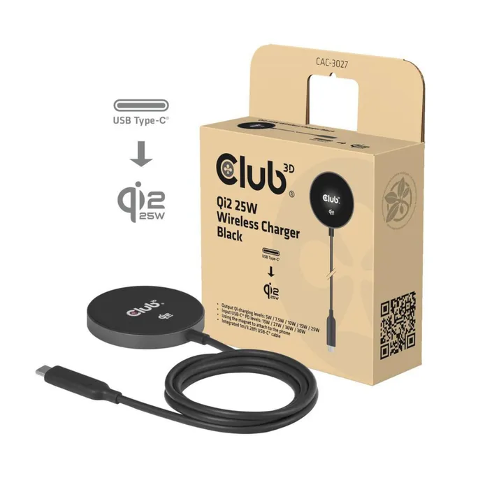 Club 3D CAC-3027 Qi2 25W Wireless Charger Qi Certified MagSafe Compatible Magnetic Pad Schwarz